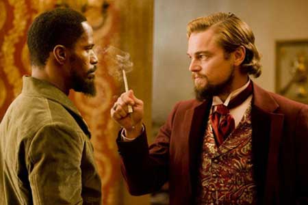 Django Unchained's Jamie Foxx, Leonardo DiCaprio movie still